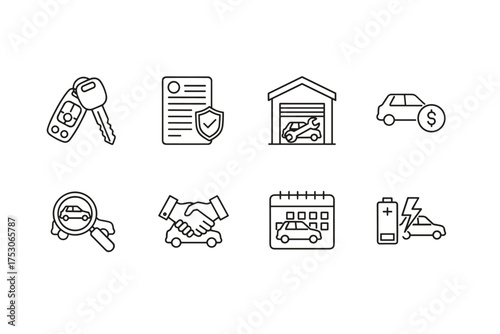 Car dealership and auto service thin line icon set. Vector pictograms for buying, selling, and renting a vehicle. Includes icons for insurance, repair, inspection, and EV charging.
