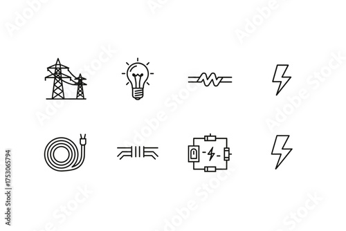 Electricity icon set. Power and energy symbols. Linework electric elements. High voltage pylon, light bulb idea, circuit diagram, resistor, lightning bolt, cable vector.