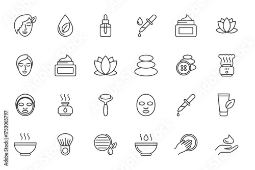 Spa and beauty thin line icons set. Skincare and cosmetics pictograms. Wellness, relaxation, self-care concepts. Facial treatment, massage therapy, natural cosmetic products.