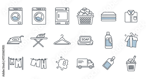 Laundry and dry cleaning service line icon set. Washing machine, iron, soap, detergent and clothes delivery. Housework, laundromat, and clothing care vector symbols.