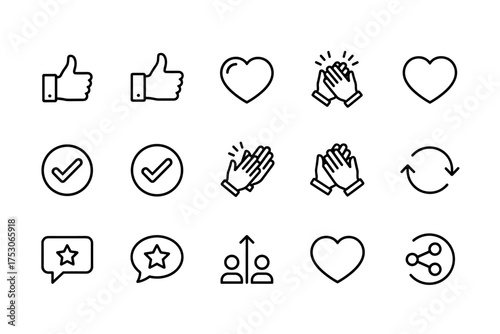 Social media interaction icons set. Thumbs up, heart, clapping hands, check mark symbols, star chat bubbles, user connection, refresh arrows, share icons vector line art