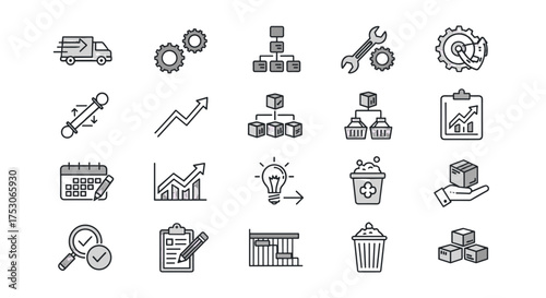 Logistics and Supply Chain Vector Icons Set. Business operations, delivery service, shipment, management process, quality control, planning, analytics, cargo, packing and storage symbols.