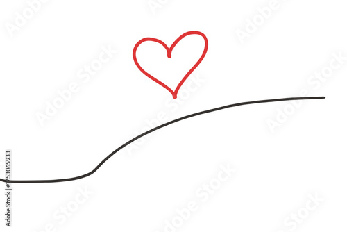 Hand drawn red heart over a simple black line. Minimalist love symbol for Valentine's Day. Doodle sketch icon representing romance, passion, feeling, emotion, relationship.