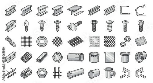 Metal products construction icon set. Steel beam, pipe, bolt, screw, nut, rebar, washer, grid. Industrial building materials and ironwork parts. Isometric vector hardware.