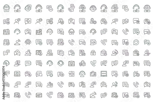 Customer service and support line icon set. Contact us, call center, helpdesk assistance concepts. Outline icons of operator with headset, chat, phone call, and feedback.