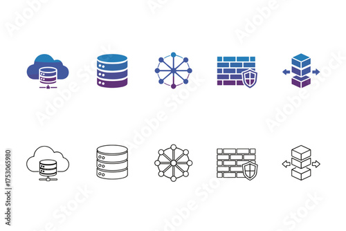Set of cloud computing and data management icons. Database, server, storage, network hub, security firewall, and data transfer symbols. Vector line and gradient style.