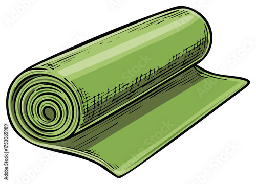 Rolled green yoga mat illustration, unrolled surface