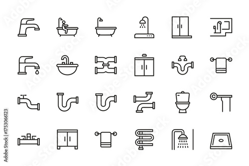 Bathroom plumbing and sanitary engineering line icon set. Water pipe, toilet, shower, faucet, and bath vector icons. Home renovation, house bathroom fixtures and furniture.