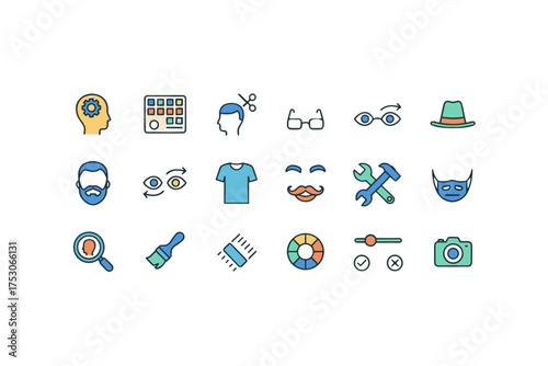 Avatar customization and character creator icon set. Personal style options for men's grooming, hairstyle, fashion, and appearance. Vector icons for user profile settings.