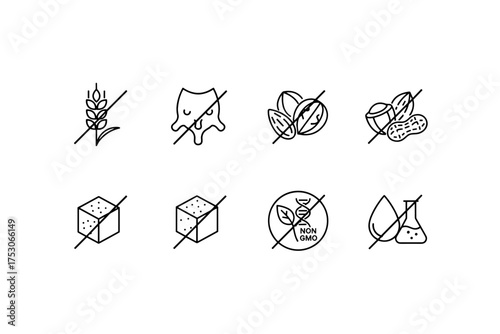 Food allergen icon set for healthy diet. Gluten free, dairy free, nut free, sugar free, non-GMO symbols. Vector line art for product packaging and nutrition labels.