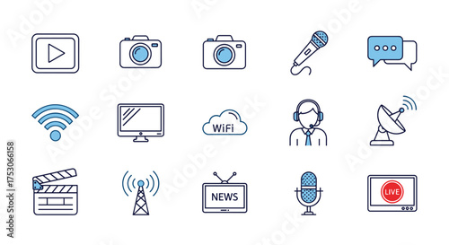 Media communication icon set. Vector line art symbols for technology, broadcast, journalism, internet, and multimedia. Camera, microphone, wifi, live stream, podcast, news.