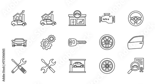 Car service and auto sales line icon set. Vehicle repair, maintenance, dealership business concepts. Automobile parts, engine, wheel, key, warranty, diagnostics, growth chart.