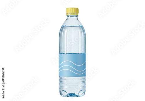 Water bottle with blue label isolated on transparent background, refreshing drink in clear plastic container with yellow cap