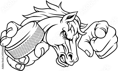 Horse mustang bronco stallion ice hockey angry sports team mascot holding a puck.