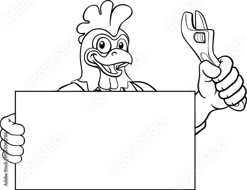 A chicken or rooster handyman, mechanic, plumber or other construction cartoon mascot man holding a wrench or spanner tool.