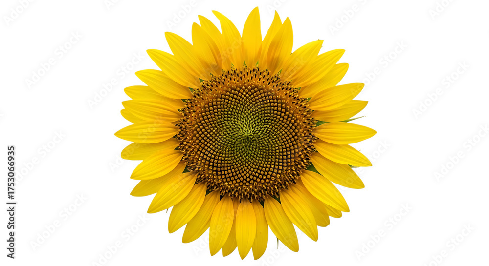 Fototapeta premium Single bright yellow sunflower head isolated on transparent background