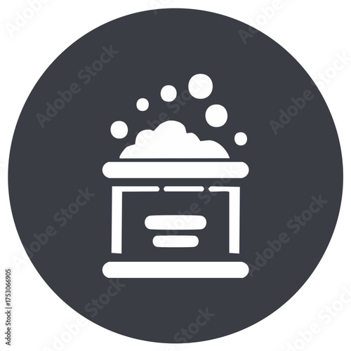 Laundry detergent container with soap powder and bubbles in dark gray circle graphic symbol for cleaning and washing