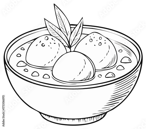Hand drawn vector illustration of meatballs in a bowl, garnished with leaves and sauce sketch food clipart design elements