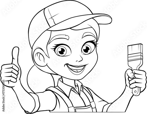 A woman female painter decorator holding a paintbrush tool builder construction cartoon character mascot.