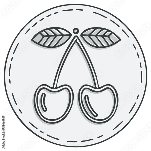 Simple fresh cherries illustration with leaves inside a stitched circle outline design