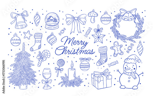 Hand drawn vintage Christmas design element set with Xmas tree, wreath, decorations, gift, snowman vector illustration. Cozy doodle winter holiday clipart.