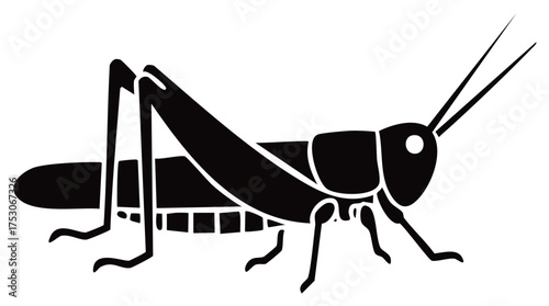 Black silhouette of a grasshopper with long antennae and legs on a white background
