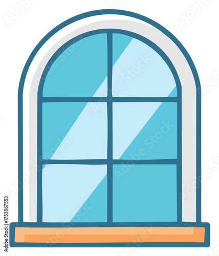 Illustration of a cartoon window with an arched top and blue glass