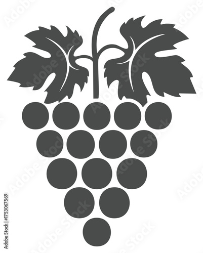 Stylized Grape Cluster with Leaves Illustration, Vineyard Fruit Symbol, Dark Gray Single Color Icon