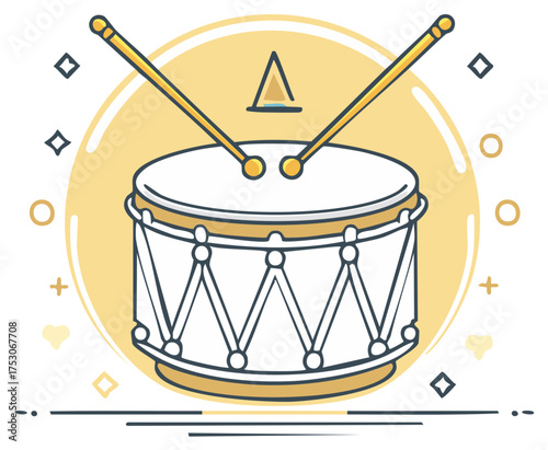 Illustrated drum with sticks ready for performance in festive circle