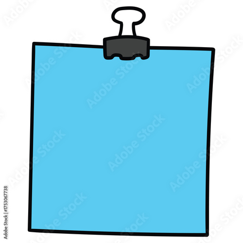 Hand-drawn cartoon blank blue paper sheet with a paper clip on a white background.