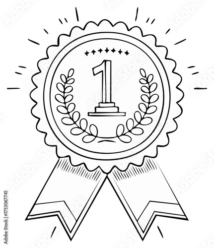 First place award with laurel wreath ribbon and stars, achievement hand drawn vector illustration