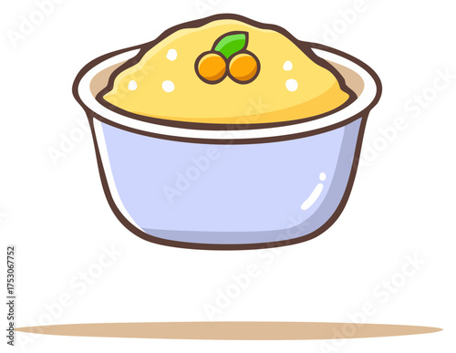 Cute cartoon bowl of creamy yellow porridge with orange berries and green leaves