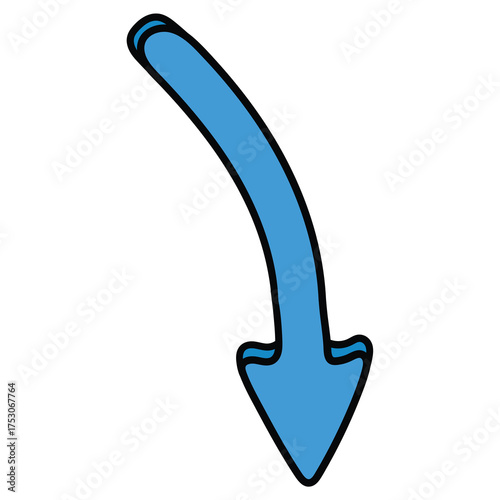 Hand-drawn cartoon blue arrow pointing down on a white background.
