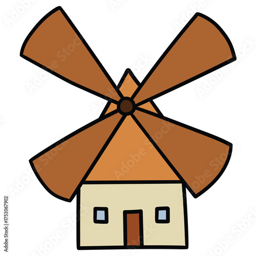 Hand-drawn cartoon old wooden windmill on a white background.