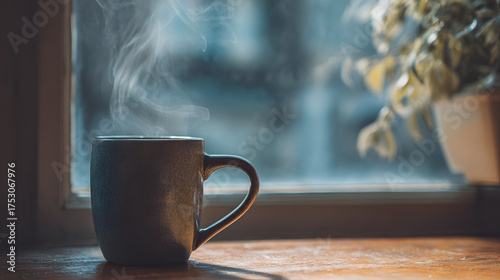 Vintage mug with steam near window sill, large soft background