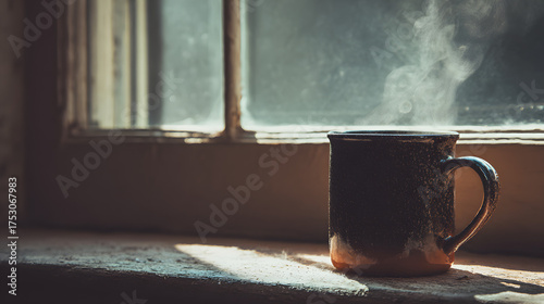 Vintage mug with steam near window sill, large soft background