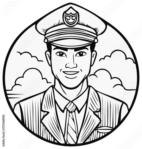 Cartoon drawing of male aviation pilot in uniform with a captain hat smiling friendly