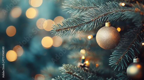Christmas tree with gold ornament on festive lights background