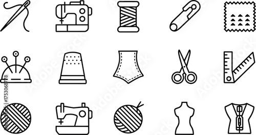 Collection of sewing and tailoring icons isolated on white background for creative projects