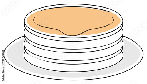 Stack of freshly made pancakes with syrup on a plate depicted with simple line art style