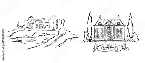 Set of countryside landscapes with old manor house, trees, and garden fountain. Whimsical quickly sketched vector line art for wedding stationery, journaling, storytelling and vintage design projects.