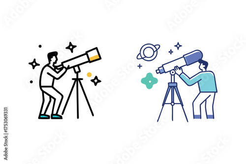 Two astronomers observing celestial events with telescopes a line art silhouette