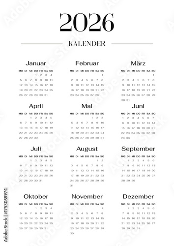 Minimalist German 2026 year calendar single vertical page template with12 month. Layout deutsch yearly planner with elegant typography