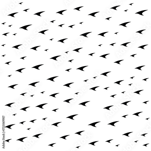 Abstract black shapes resembling birds in flight scattered across a white background