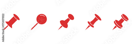Red Push Pin Solid Icon Set. Office Organization, Reminder, And Bulletin Board Silhouette Symbol Collection. Stationery And Planning Tools. Isolated Vector Illustration