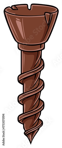 Brown Wooden Screw with Jagged Head and Spiral Thread