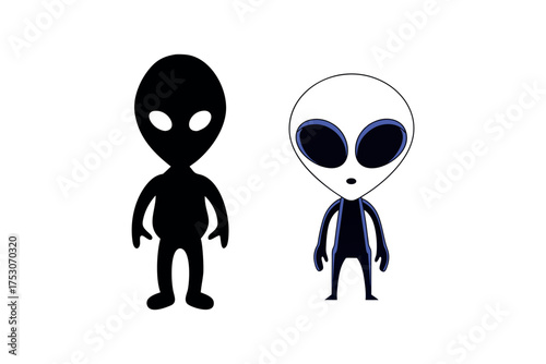 Two stylized aliens one in color and one as a dark silhouette