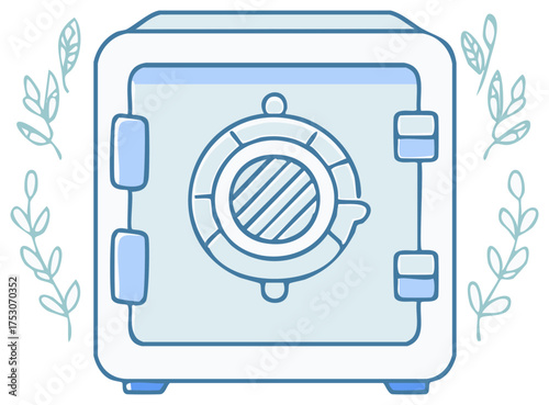 Stylized blue safe with combination lock decorated with floral leaves doodles