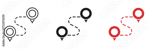 Location Pathway Solid Icon Set. Navigation, Route Planning, And Travel Direction Silhouette Symbol Collection. Map Pin And Dotted Line Representation. Isolated Vector Illustration