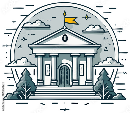 Classical public building illustration with flag, columns, and trees